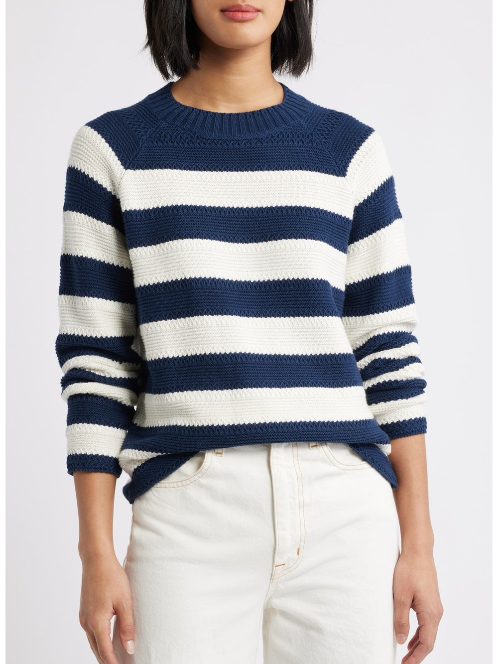 Caslon Stripe Lightweight Mix Stitch Sweater Navy White Stripe Small NWI